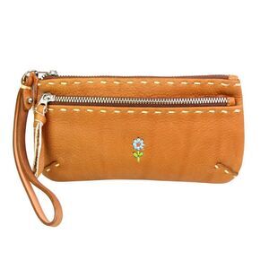 Fredd + Basha TAN BROWN REAL LEATHER ZIP TOP SMALL PURSE CLUTCH WALLET WRISTLET